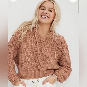 Aerie Chenille Oversized Crop Hooded Knit Sweater Size M in Camel